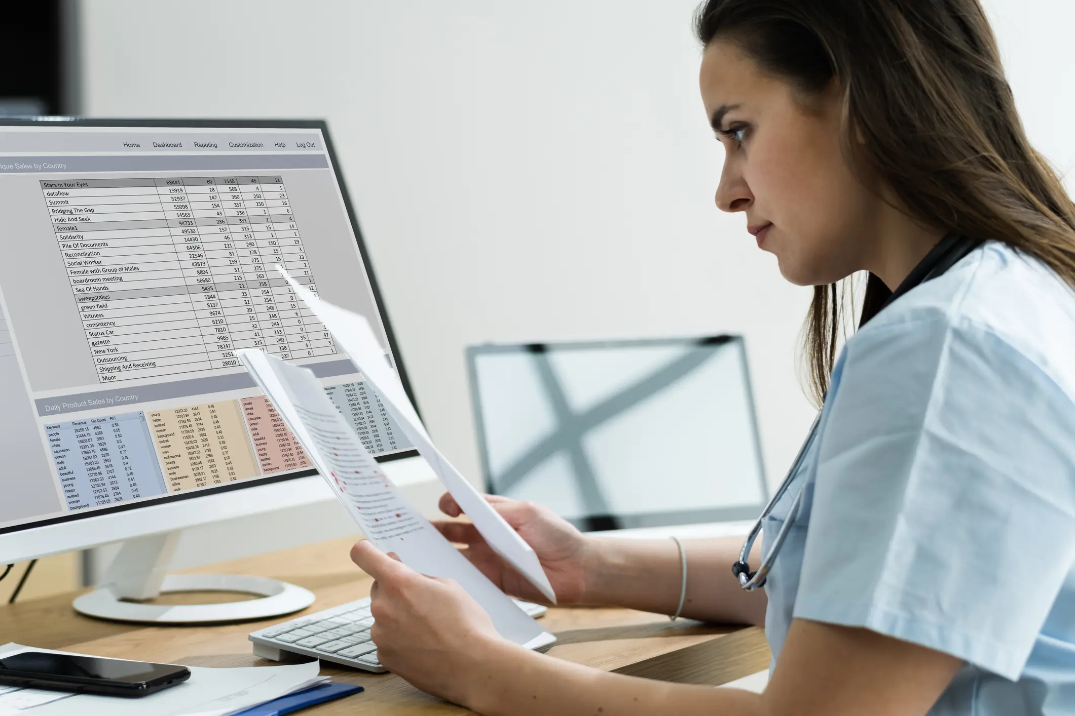Medical Bill Codes And Spreadsheet Data. Business Analyst Woman
